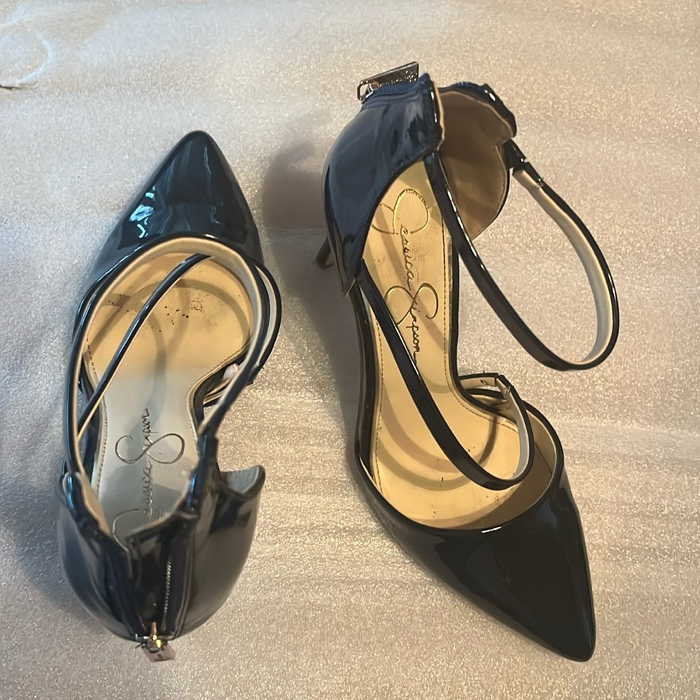 Jessica Simpson navy blue patent leather pointed heels with ankle strap